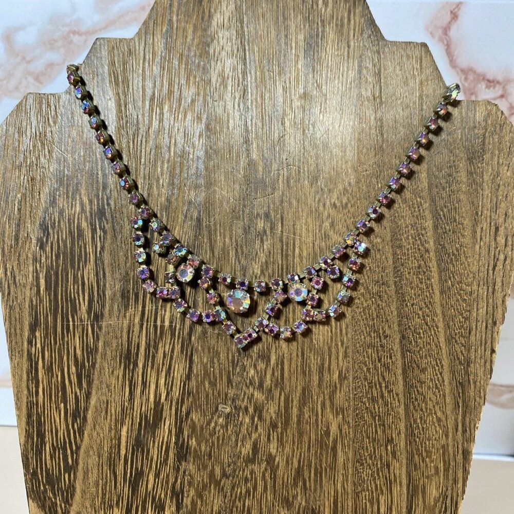 Vintage Gold Tone Iridescent Rhinestone Formal Costume Pageant Necklace 15 1/2”